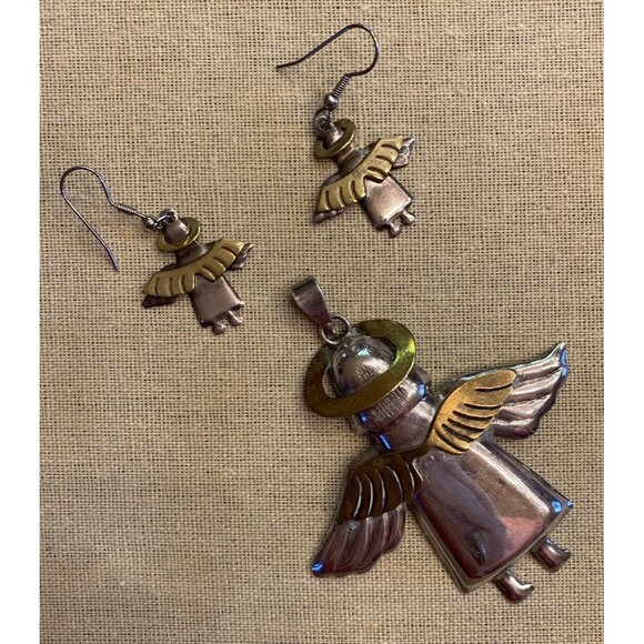 Taxco Mexico Sterling Silver & Brass Angel Pendant & Earrings Set 925 Marked